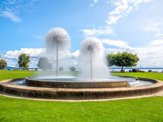 Runder Brunnen mit zwei pusteblumenförmigen Skulpturen in Romanshorn. Grüne Rasenfläche umgibt den Brunnen mit Bodensee im Hintergrund.