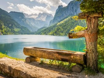 Rustikale Holzbank am Gosausee mit türkisfarbenem Wasser, umgeben von bewaldeten Bergen und dramatischen Gipfeln unter bewölktem Himmel.
