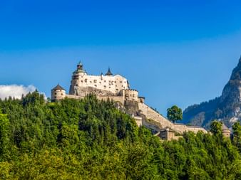 Burg Hohenwerfen thront auf einem Felsenhügel bei Werfen, umgeben von dichtem grünem Wald mit steilen Bergklippen im Hintergrund unter blauem Himmel.