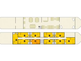 Deckplan der MS L'Estello mit zwei Ebenen: Oberdeck mit Essbereich und Lounge, Unterdeck mit Kabinen B und C.