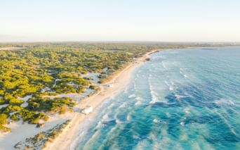 Luftaufnahme des Strandes Es Trenc mit weißem Sand, türkisfarbenem Mittelmeer und grüner Küstenvegetation entlang der Küste.