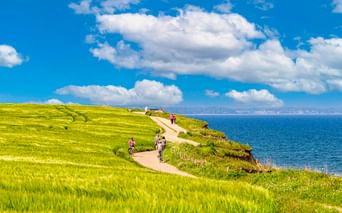 Radfahrer auf einem Weg entlang grüner Küstenklippen bei Travemünde mit blauer Ostsee und weißen Wolken am Himmel.