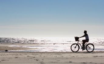 Silhouette eines Radfahrers mit Korb am Strand von Rømø. Die Nordsee glitzert im Hintergrund unter einem klaren blauen Himmel.
