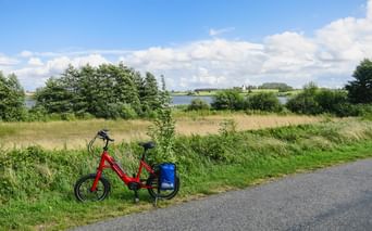 Rotes Fahrrad mit blauer Tasche auf Radweg neben Grasfeld. See und Bäume im Hintergrund unter teilweise bewölktem Himmel.