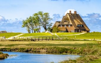 Traditionelles Reetdachhaus auf einer grünen Warft auf Hallig Hooge mit weißem Zaun, Bäumen und einem Wassergraben im Vordergrund.