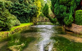 Klarer Bach Fluss Windrush fließt durch Bourton-on-the-Water mit Holzbrücke, üppigen grünen Bäumen und grasbewachsenen Ufern an einem sonnigen Tag.