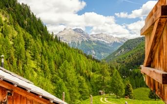 Alpine valley in Muhr, Lungau with wooden chalets, green meadows, dense forests, and mountain peaks under a blue sky with white clouds.