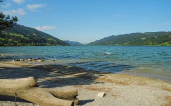 Alpsee bei Immenstadt mit türkisfarbenem Wasser, Kiesstrand mit Treibholz, bewaldeten Bergen auf beiden Seiten und einem Schwimmer in der Ferne.