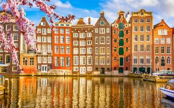 Reihe bunter historischer Grachtenhäuser in Amsterdam, die sich im Wasser spiegeln, mit rosa Kirschblüten im Vordergrund und Booten am Kanal.