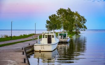 Weiße Boote am Steg des Peipussees in Mustvee. Bäume stehen am Ufer, mit ruhigem blauen Wasser und Himmel im Hintergrund.
