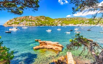 Bucht von Port d'Andratx mit Segelbooten im türkisfarbenen Wasser. Pinien rahmen den Blick auf Hanghäuser und klaren blauen Himmel.