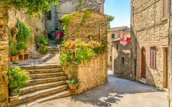 Enge Steingasse in Passignano sul Trasimeno mit Treppen, Blumentöpfen und historischen Gebäuden unter blauem Himmel.