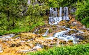 Wasserfälle Weissbach in Schneizlreuth, die über orange-braune Felsen inmitten von üppigem grünem Wald und moosbewachsenen Steinen fließen.