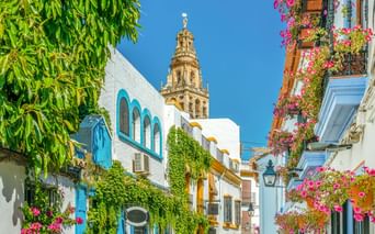 Enge Gasse im jüdischen Viertel von Córdoba mit weißen Häusern, blauen Türen, blumengeschmückten Balkonen und Glockenturm.