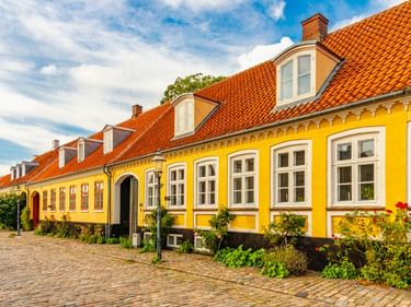 Reihe leuchtend gelber historischer Häuser mit roten Ziegeldächern und weißen Fenstern in Præstø. Kopfsteinpflaster und Gärten mit Blumen davor.
