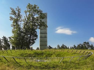 Moderner Aussichtsturm auf grünem Hügel mit Bäumen bei Nebra. Ein geschwungenes Metallgeländer führt den Grashang hinauf unter blauem Himmel.