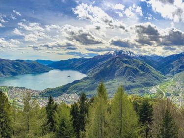 Luftaufnahme des Lago Maggiore, umgeben von grünen Bergen und Wäldern. Schneebedeckte Gipfel in der Ferne unter blauem Himmel.