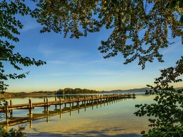 Langer Holzsteg erstreckt sich in den ruhigen Wörthsee in Bayern, eingerahmt von grünen Baumzweigen. Klarer blauer Himmel und fernes Ufer sichtbar.