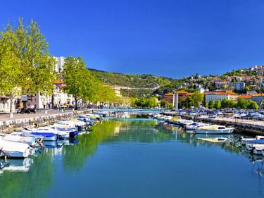 Panoramablick auf den Hafen von Rijeka mit vertäuten Booten im ruhigen Wasser, weißen Gebäuden mit grünen Bäumen entlang der Uferpromenade und Häusern am Hang.