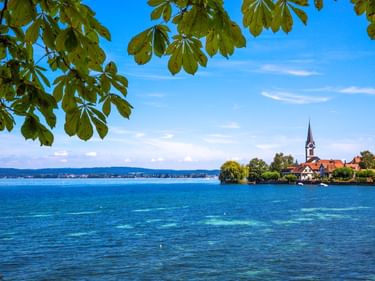 Blick auf Berlingen am Bodensee mit Kirchturm, rotgedeckten Häusern und blauem Wasser. Grüne Baumzweige rahmen die Szene oben ein.