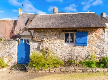 Steinhaus mit Reetdach und leuchtend blauer Tür und Fensterläden im Golfe du Morbihan. Grüne Pflanzen wachsen entlang der Steinmauer davor.