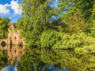 Stone bridge with arches reflected in calm water in Park Schöntal, Aschaffenburg. Lush green trees frame the scene under blue sky.