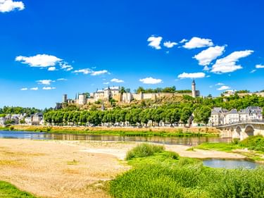 Mittelalterliche Festung von Chinon auf Hügel über der Loire mit Steinbrücke, grünen Weinbergen und sandigen Ufern unter blauem Himmel.