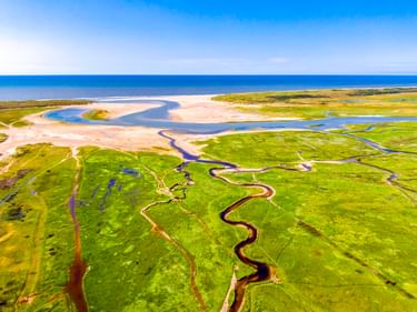 Luftaufnahme des Nationalparks Insel Texel mit gewundenen Wasserläufen durch grünes Marschland, Sandstränden und blauem Meer unter klarem Himmel.