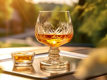 Geschliffenes Kristall-Cognacglas mit bernsteinfarbener Flüssigkeit auf einem Silbertablett neben einem kleinen Probierglas im Freien bei warmem Sonnenlicht.