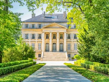 Château Margaux in Bordeaux mit neoklassizistischer Fassade, weißen Säulen und großer Treppe, eingerahmt von grünen Bäumen und gepflegten Hecken.