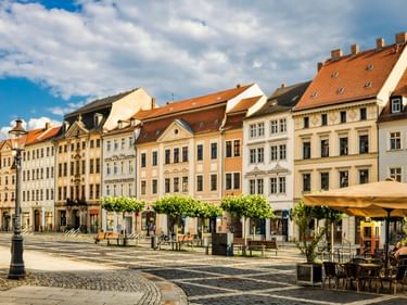 Row of colorful historic buildings with red-tiled roofs along a cobblestone square in Zittau. Trees line the square with outdoor café seating.