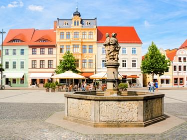 Steinbrunnen mit Statue in der Mitte eines Kopfsteinpflasterplatzes in Cottbus, umgeben von bunten historischen Gebäuden mit orangefarbenen Dächern.