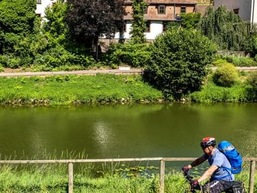 Radfahrer mit blauem Rucksack fährt am Flussweg in Wertheim. Mittelalterliche Burg und historische Gebäude auf Hügel über grünem Flussufer.
