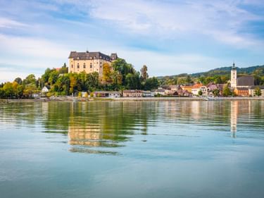 Schloss Greinburg auf einem Hügel über der Donau mit der Stadt Grein und einem Kirchturm am Ufer, umgeben von herbstlichen Bäumen.