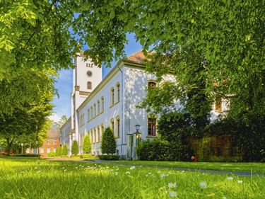 Weißes Barockgebäude Schloss Aurich mit Turm und orangefarbenem Dach, eingerahmt von grünen Bäumen. Rasen mit weißen Blumen im Vordergrund.