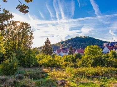 Blick auf die Stadt Pegnitz in Franken mit Kirchturm und Wohnhäusern, vor einem bewaldeten Hügel unter blauem Himmel mit Kondensstreifen.
