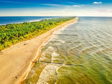 Luftaufnahme der Halbinsel Hel mit schmalem Sandstrand zwischen Ostsee und dichtem grünem Wald, sanften Wellen und blauem Himmel.