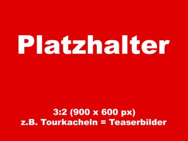 Rotes Platzhalterbild mit weißem Text 'Platzhalter' und Maßen 3:2 (900 x 600 px) für Radreisen-Teaserbilder.