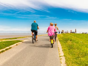 Drei Radfahrer auf einem asphaltierten Küstenweg in Cuxhaven mit grünem Gras, Strand und Leuchtturm in der Ferne unter blauem Himmel.