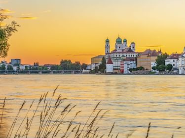 View of Passau's historic skyline with cathedral towers across the Danube River at sunset. Golden sky reflects on the water with reeds in foreground.