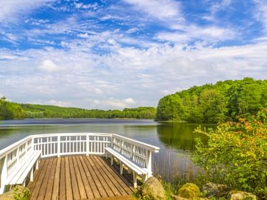 Weiße Holzplattform mit Bänken mit Blick auf einen ruhigen See in Eutin, umgeben von grünen Wäldern unter blauem Himmel mit Wolken.
