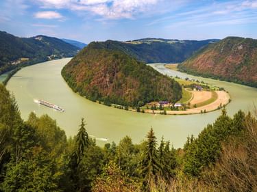 Luftaufnahme der Schlögener Schlinge, einer Flussschleife der Donau, umgeben von bewaldeten Hügeln. Ein Frachtschiff fährt auf dem grünen Wasser.
