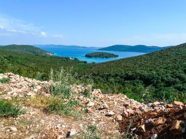 Felsiger Hang mit grüner Vegetation mit Blick auf die türkisfarbene Adria nahe der Insel Molat in der Kvarner Bucht, Kroatien.
