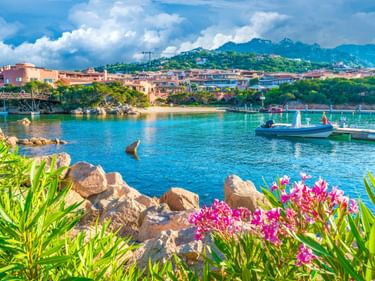 Hafen von Porto Cervo mit türkisfarbenem Wasser, rosa Blumen im Vordergrund, bunten Häusern am Ufer und Bergen im Hintergrund.