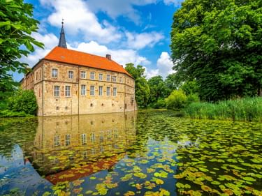 Historische Burg Lüdinghausen mit orangefarbenem Dach und Steinmauern, spiegelt sich im Wassergraben mit Seerosen, umgeben von grünen Bäumen.