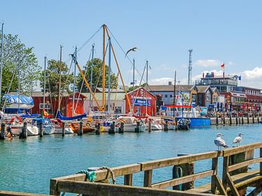 Hafenansicht in Warnemünde mit Fischerbooten an Holzstegen. Bunte Gebäude und Möwen säumen die Uferpromenade unter blauem Himmel.