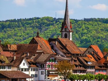 Historische Altstadt von Stein am Rhein mit bunten Fachwerkhäusern und hohem Kirchturm, vom Rhein aus gesehen mit einem Boot im Vordergrund.