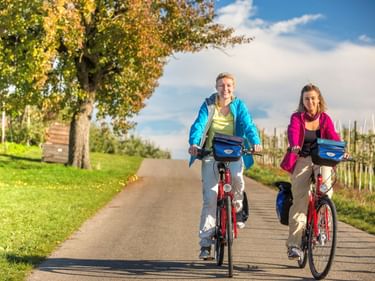 Zwei Frauen radeln auf einem asphaltierten Weg im Thurgau. Bäume mit Herbstlaub säumen die linke Seite, Weinberge rechts, unter blauem Himmel.
