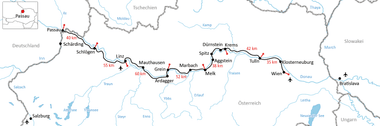 Karte des Donauradwegs von Passau nach Wien durch Deutschland und Österreich mit Städten wie Linz, Melk und Klosterneuburg mit Entfernungen.