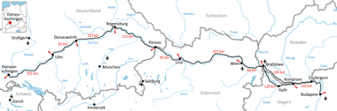 Karte des Donau-Radwegs von Donaueschingen bis Budapest über Ulm, Regensburg, Passau, Linz, Wien und Bratislava mit Entfernungen in Kilometern.